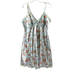 Womens Babydoll Slip Dress Sz Large Blue Pink Floral Satin Fairy Dainty Romantic
